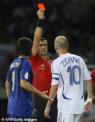 Referee Horacio Elizondo shows Zidane a red card after his violent headbutt