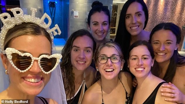 It was only after she reminded her GP on her fourth visit in August that a scan in 2020 showed she had an enlarged thymus that she was referred for an x-ray. Pictured (second right) at Nikki's bachelorette party.