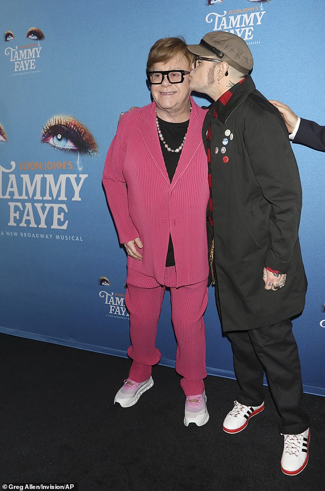 In an exclusive interview with DailyMail.com, Bakker said Elton has been like a grandfather figure to him and that he has taken great care in retelling Tammy Faye's complex story. They can be seen at the Thursday premiere of the new Broadway musical Tammy Faye