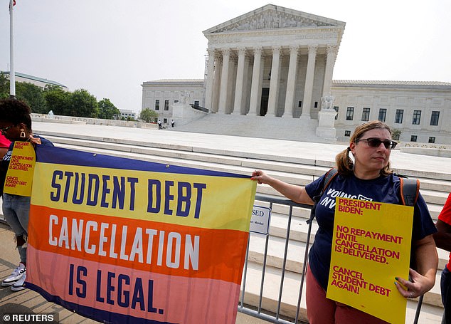 Protesters after the Supreme Court blocked President Biden's first plan to forgive billions in student loans on June 30, 2023