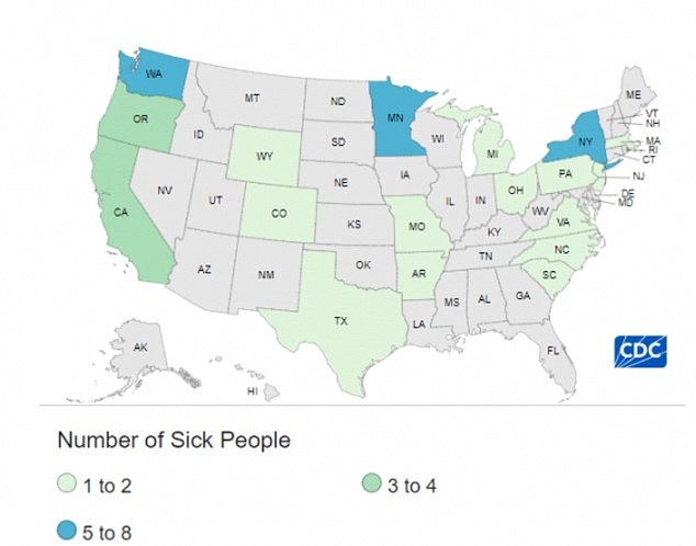 The map above shows where people have been made sick by carrots riddled with E. coli. New York, Washington and Minnesota are the main hotspots