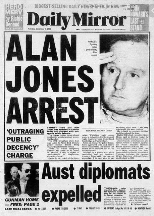 Chopper was referring to an episode almost a decade earlier, in December 1988, when Jones was arrested in a public toilet near Picaddily Circus in London and later charged with outraging public decency (pictured: Daily Mirror headline al day after).