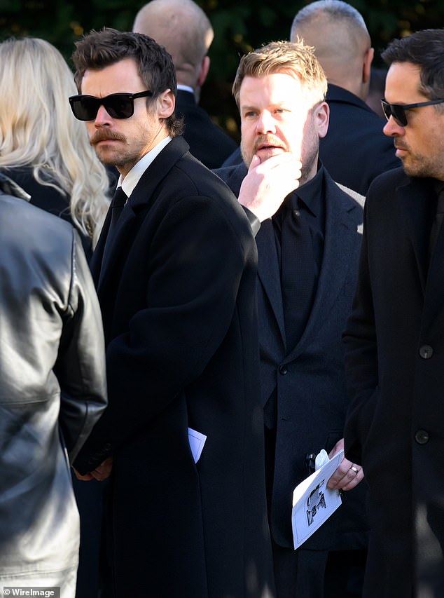 Harry Styles and James Corden attend the funeral of singer Liam Payne