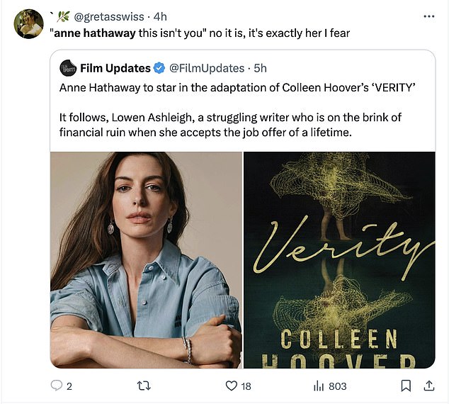 Some fans seemed to have lost hope in Hathaway's projects and were not at all surprised by her choice to star in an adaptation of Verity.