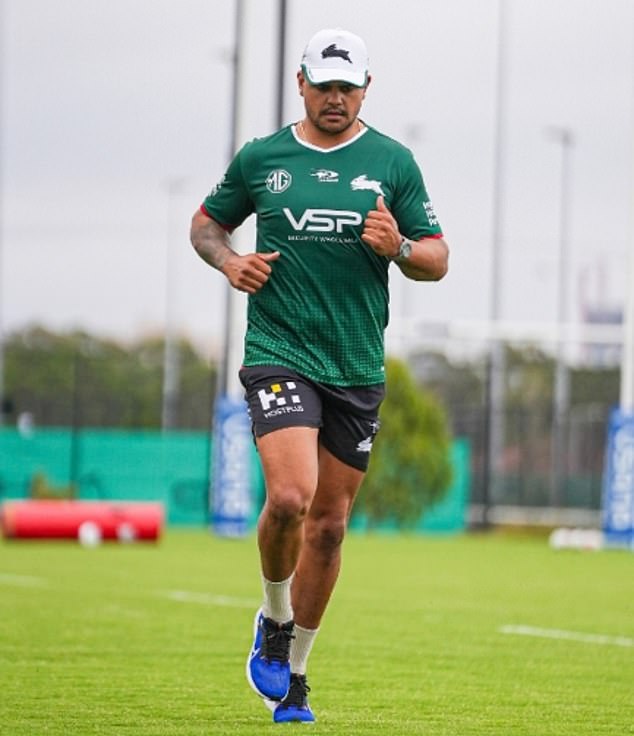 Latrell Mitchell showed off his impressive transformation at Souths' pre-season training on Wednesday (pictured)