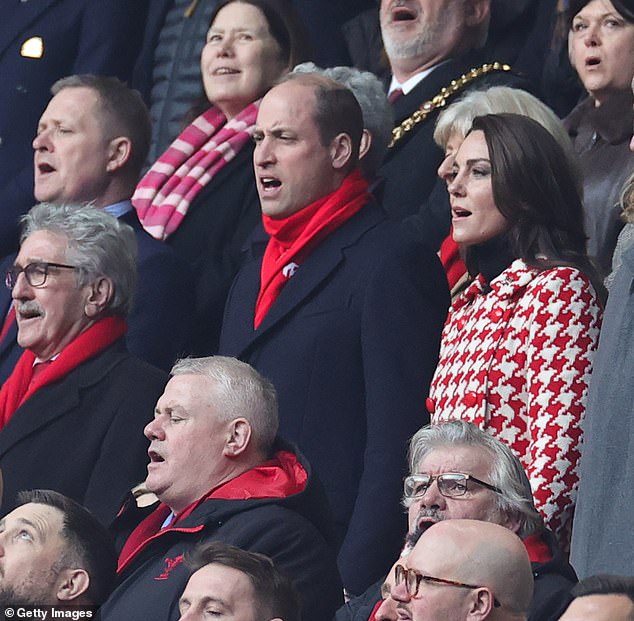 The Prince and Princess of Wales, patrons of the Welsh Rugby Union and the Rugby Football Union respectively, sing the national anthems at Wales' Six Nations match against England in 2023.