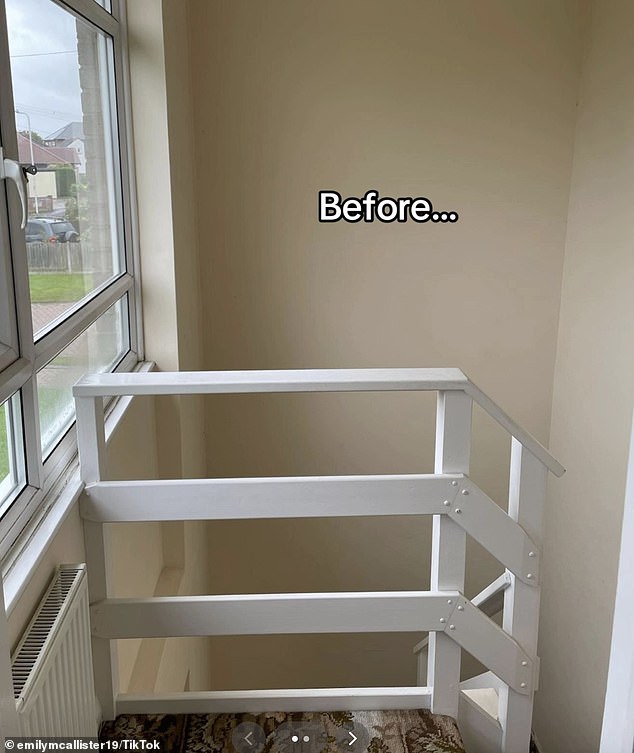 Sharing a before and after clip of the new DIY office, Emily showed off her simple yet effective design idea by building a platform over the stairs on the landing.