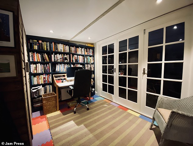 The end result is impressive, with insulation in the walls, floor and ceiling making the garden office cozy even in winter. The businessman was able to design the space to meet his needs and added built-in shelving and a separate seating area.