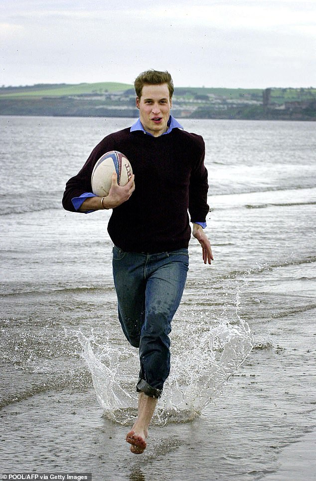 William runs with a rugby ball on St Andrews beach during his university days in 2003.