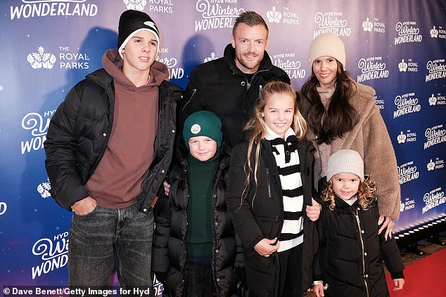 The WAG arrived with her two children Taylor and Finley, seven, Sofia, 10, and daughter Olivia, four, and her footballer husband Jamie.