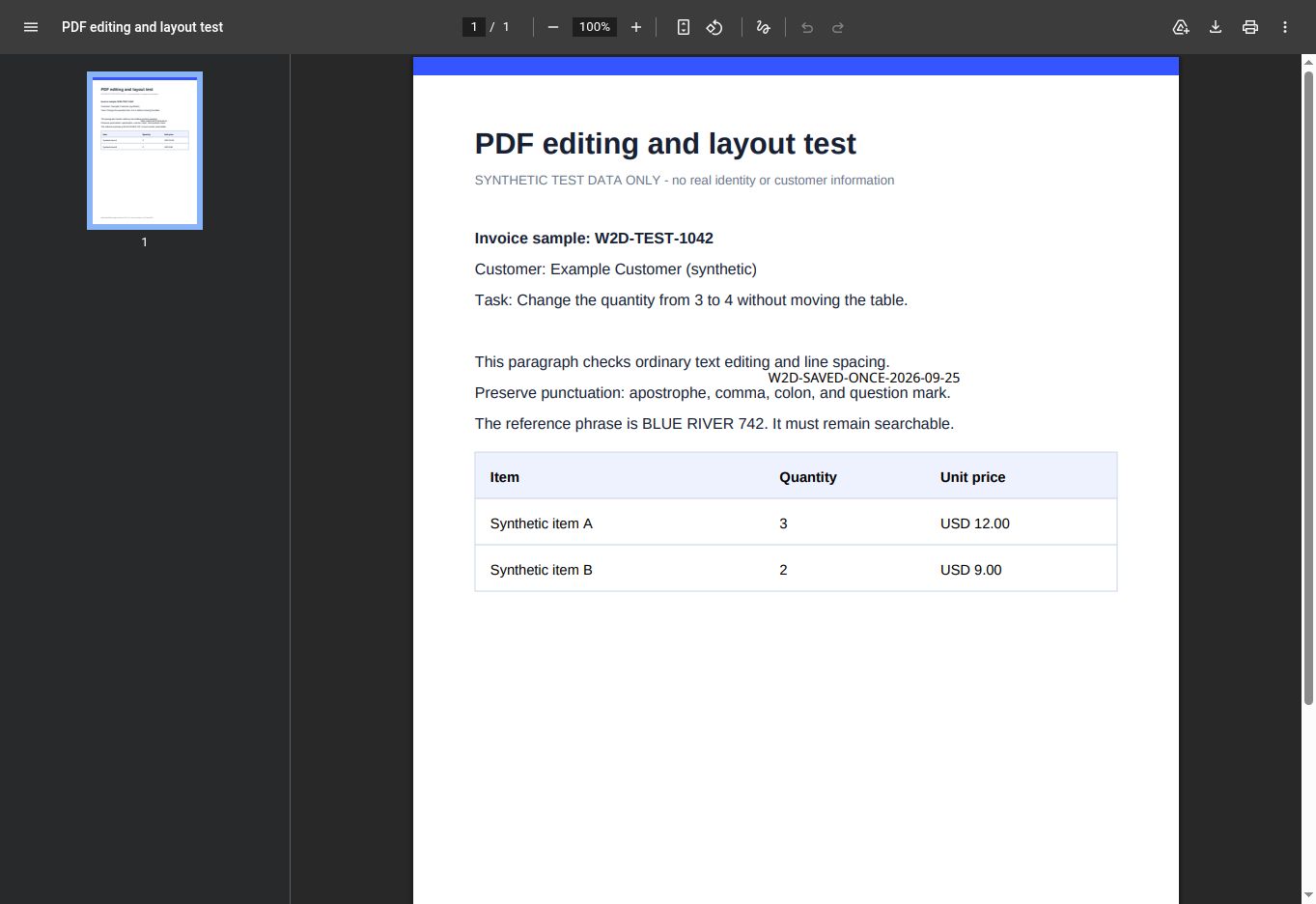 Actual PDF24 Online saved output open in Chrome PDF viewer, with W2D-SAVED-ONCE-2026-09-25 visible and the original quantity still 3