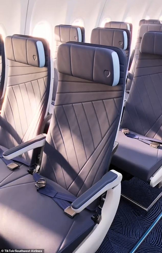 The airline shared a video of the cabin interior on TikTok, including close-ups of the seats and headrests embossed with Southwestern hearts.