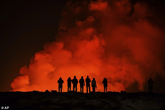 The eruption began around 6 a.m., sending lava into the air along a 3-kilometer-long fissure northeast of Mount Sundhnukur, the Icelandic Meteorological Office said.
