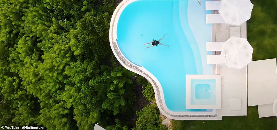 Other perks of the villa, captured in drone footage, include a fire pit area and an infinity pool.