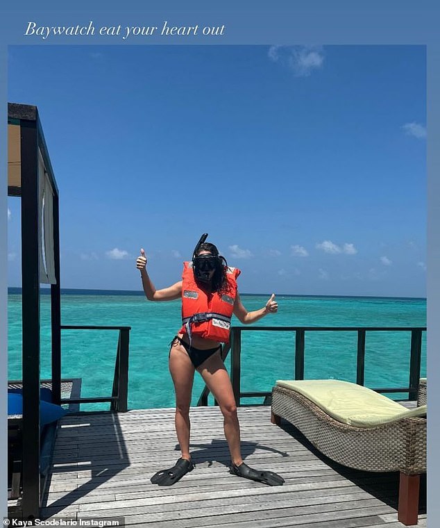 The star also packed up with a life jacket and snorkel mask for a marine biologist snorkeling trip while writing 'Baywatch eat your heart out.'