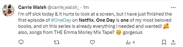 One fan said after watching the show: 'Can we talk about the Netflix version of #OneDay now? I have never cried so much at a show in my life. I loved every minute