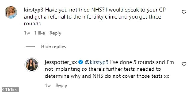 When asked by a fan if she had debated going through the NHS, Jess replied: 