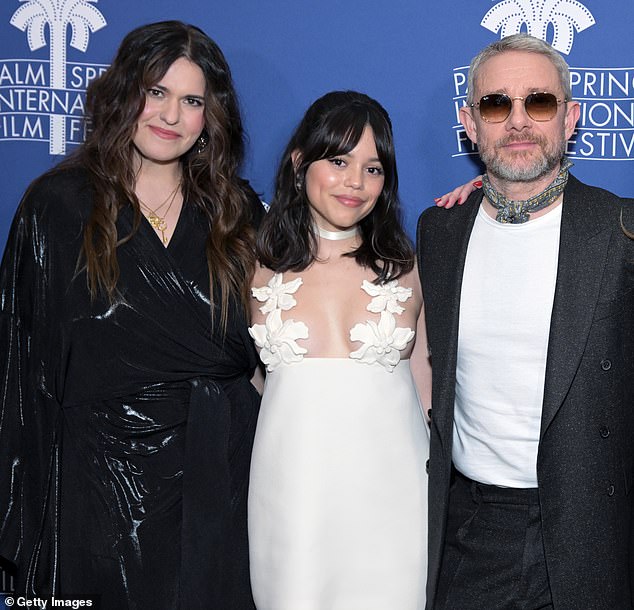 Director Jade Halley Bartlett photographed with Jenna and Martin at the world premiere of Miller's Girl at the 35th Palm Springs International Film Festival last month.