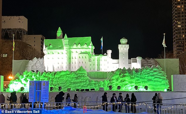A large-scale ice sculpture of Neuschwanstein Castle, also known as Swan Castle?