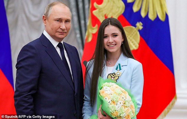 Valieva pictured with Russian President Vladimir Putin at an awards ceremony for the 2022 Games
