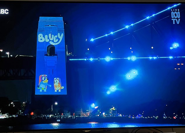 The display showed a projection of the popular children's show Bluey on the pillars of the Sydney Harbor Bridge before the 9pm fireworks.