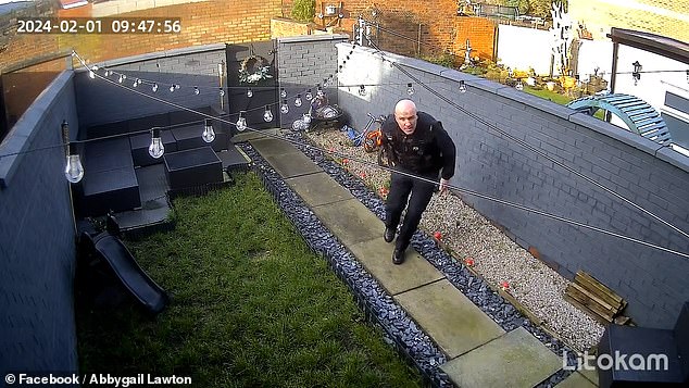 CCTV also captured officers scaling his garden fence instead of using the open gate to enter his home a day later.