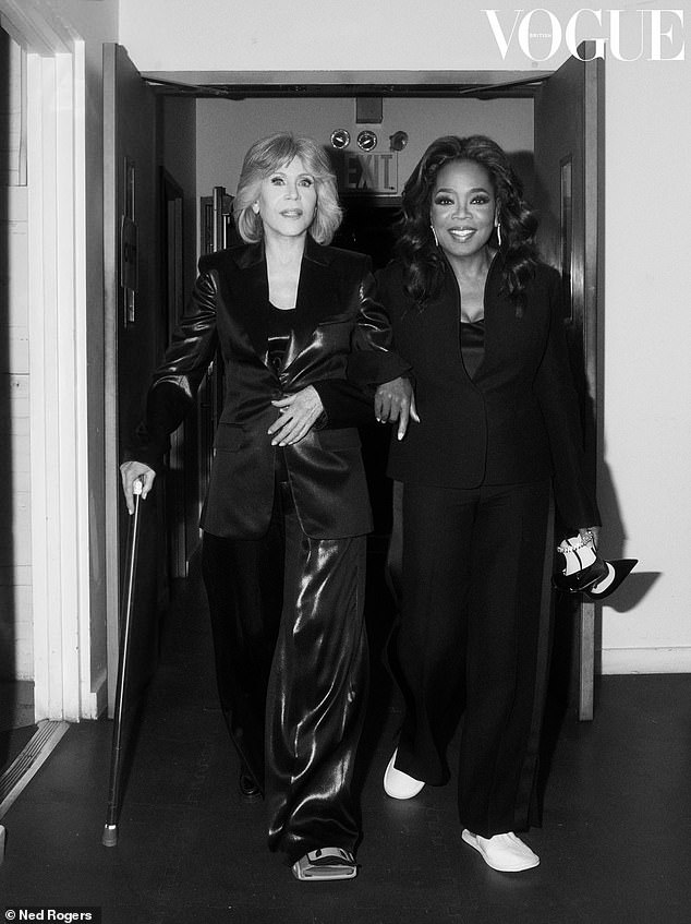 Jane Fonda was assisted by a cane as she passed by her good friend Oprah.