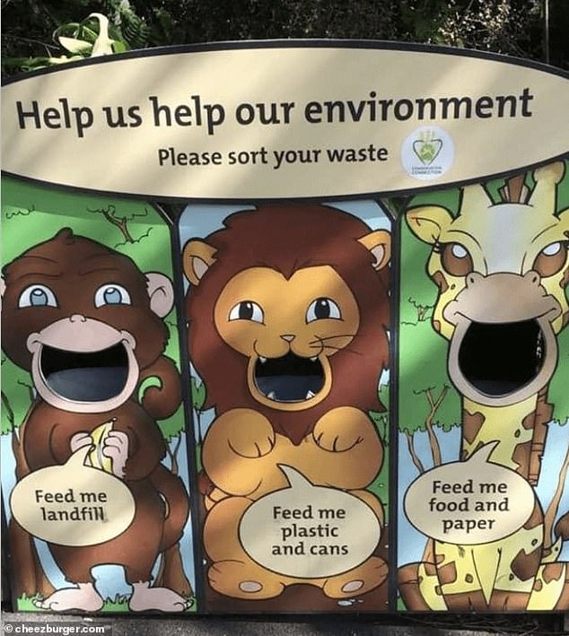 Elsewhere, these bins, at Wellington Zoo, New Zealand, appear to be teaching children that animals like to be fed garbage.