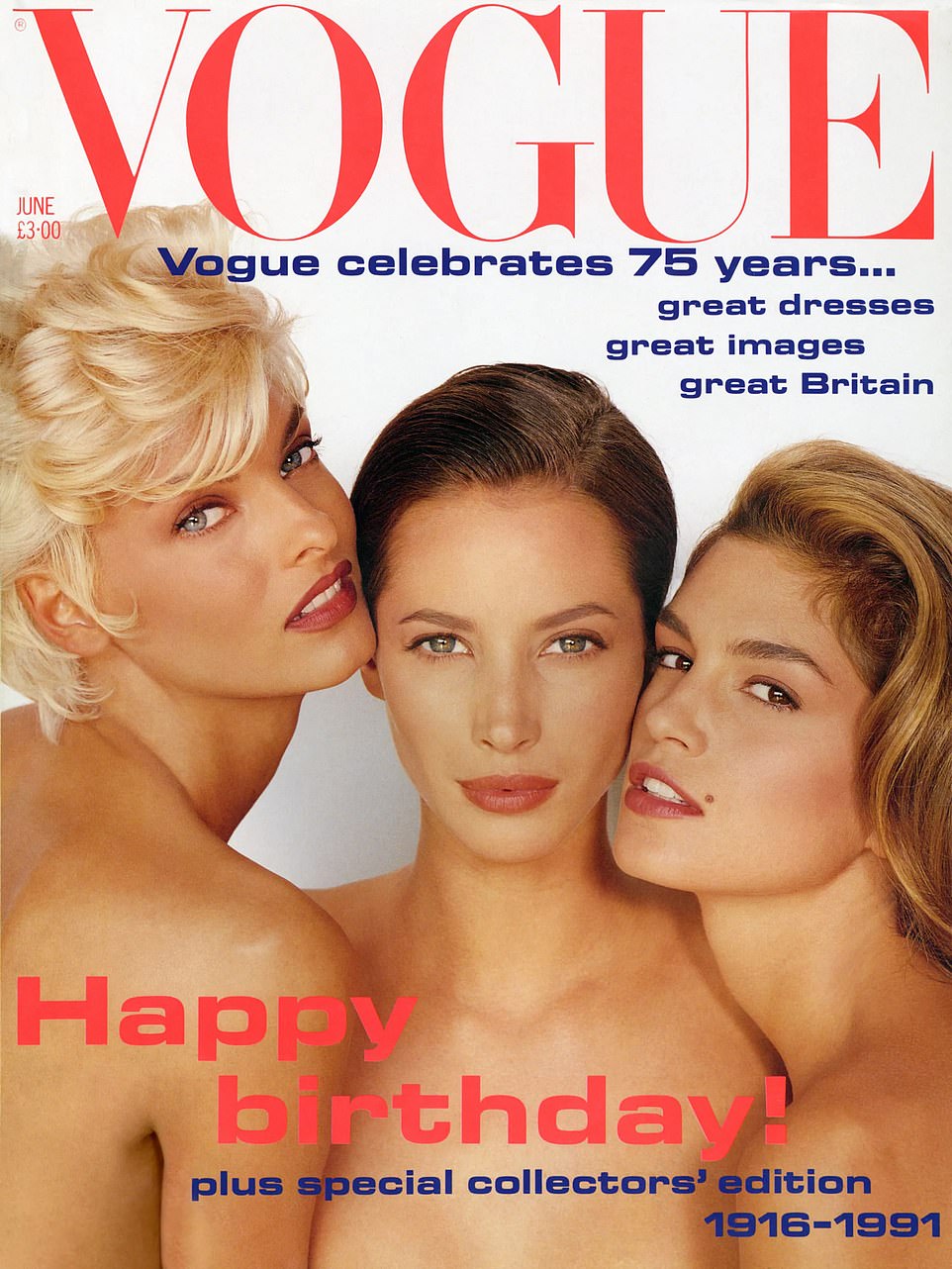 The couple appears on the cover of British Vogue in 1991 with supermodel Christy Turlington.