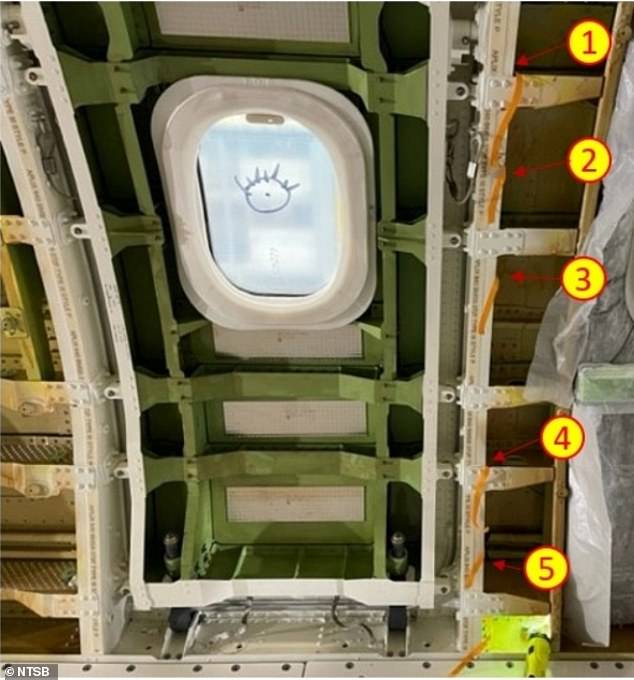 Boeing workers removed the door plug to repair five defective rivets just forward of the panel. The location of the defective rivets is marked above.