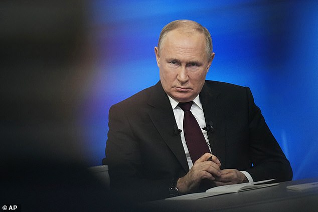 Russian President Vladimir Putin attends his annual news conference in Moscow, Russia, Thursday, December 14, 2023.