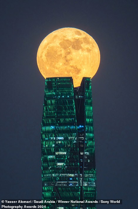 A supermoon appears to hover over the Saudi Public Investment Fund tower in Riyadh, Saudi Arabia, in this striking image taken by Yasser Alomari.  Wins the Saudi National Award
