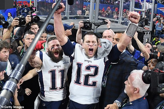 Julian Edelman (left) and Tom Brady (right) celebrate after beating Atlanta in Super Bowl LIII.