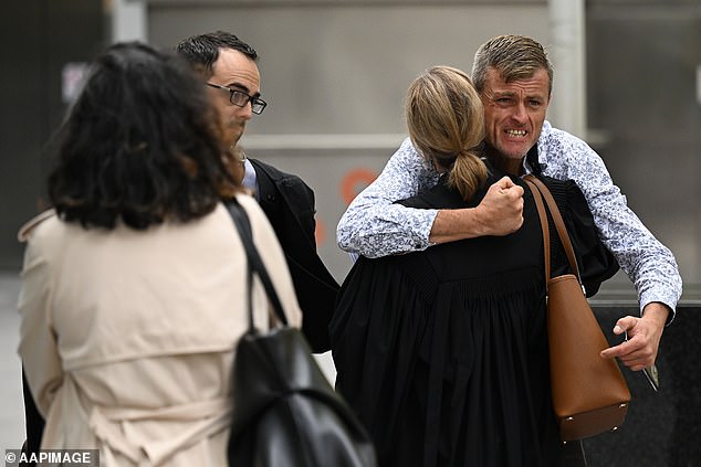 Declan Cutler's father Bryan Beattie reacts outside the Victoria County Court in Melbourne following the guilty verdicts.