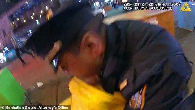 Body camera footage from NYPD Lt. Ben Kurian shows the moment the lieutenant grabbed suspect Yohenry Brito, 24, who was wearing the yellow jacket.