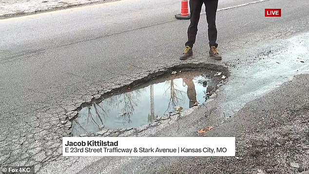 Officials said the potholes likely won't be filled until a broken water main can be repaired.