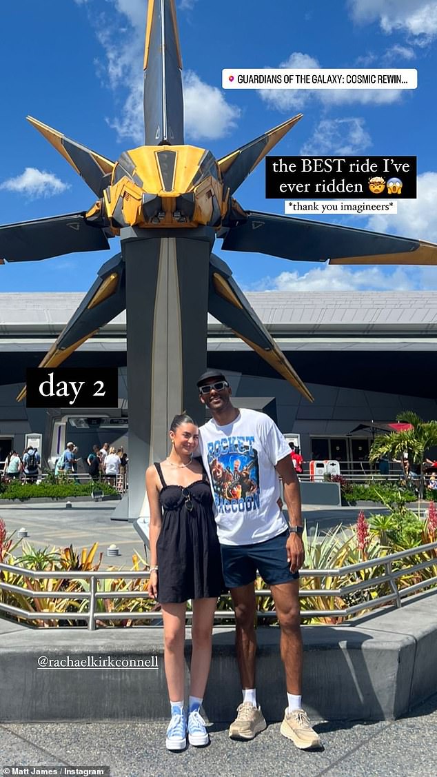 James said he planned to run the Disney 5k with his girlfriend Rachael Kirkconnell, since she is a huge Disney fan; photographed together at Disney World's EPCOT park