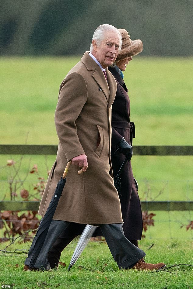 King Charles pictured on Sunday, the day before starting cancer treatment, walking towards St Madeleine's Church in Sandringham with Queen Camilla.