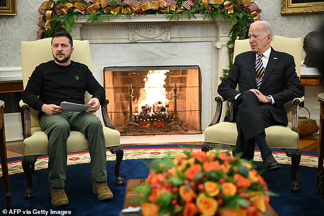 Zelenskyy appears in the Oval Office with President Joe Biden during a visit to Washington, DC, in December 2023.