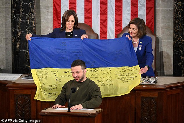 But while Ukrainian President Vlodomyr Zelenskyy thanked the United States for its $75 billion in support, he emphasized that the conflict revolves around Ukrainian sovereignty. Pictured is Zelenskyy addressing Congress in 2022.