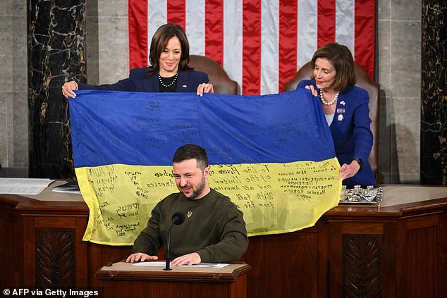 But while Ukrainian President Vlodomyr Zelenskyy thanked the United States for its $75 billion in support, he emphasized that the conflict revolves around Ukrainian sovereignty.  Pictured is Zelenskyy addressing Congress in 2022.