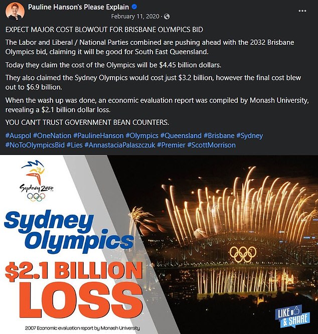 Senator Hanson noted that the 2000 Sydney Olympics generated losses in terms of business and tourism.