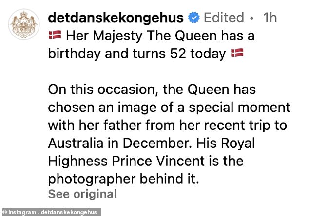 In the caption of the Instagram post, the Royal Household revealed that Queen Mary's 13-year-old son, Prince Vincent, took the sweet photo.