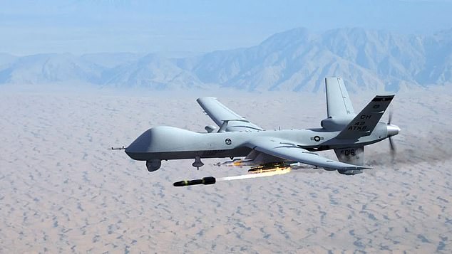 Pictured is an MQ-9 Reaper firing a Hellfire missile.  Commander killed in drone strike