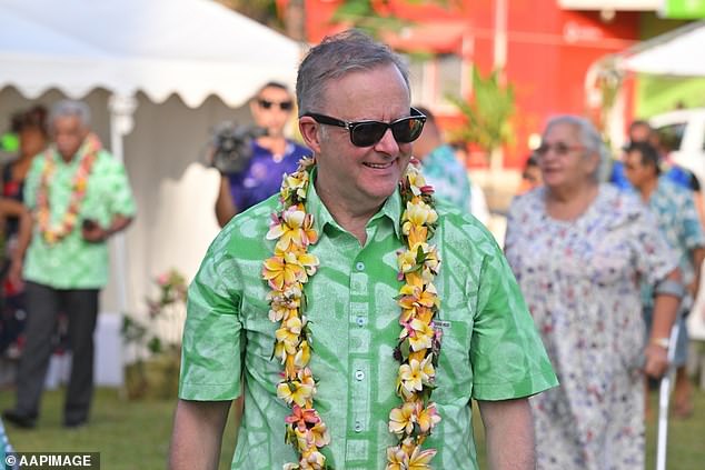 Albanese wore dark sunglasses along with his bright green shirt and garland (pictured)