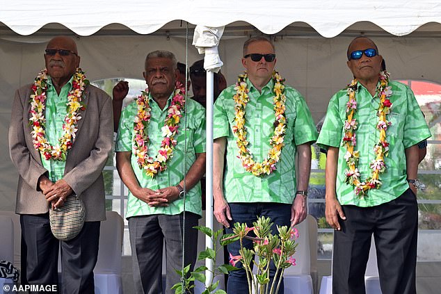 Prime Minister of Fiji Sitiveni Rabuka, President of New Caledonia Louis Mapou, Prime Minister of Australia Anthony Albanese and President of Kiribati Taneti Maamau pictured during a welcome ceremony at the Forum Islands of the Pacific in Aitutaki, Cook Islands.