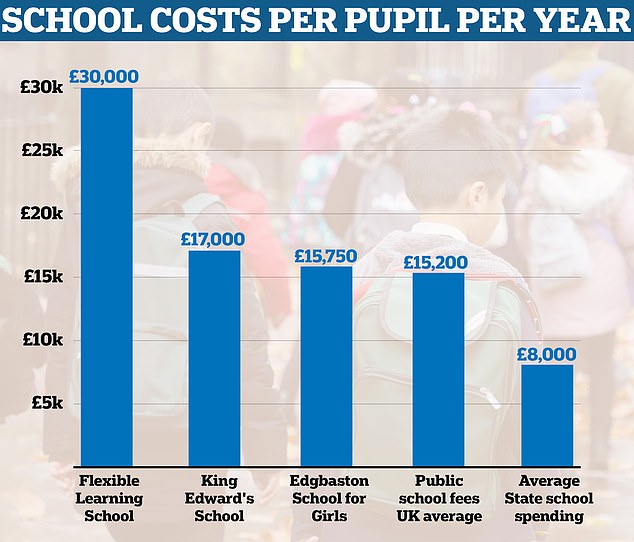 This graph shows that Birmingham City Council paid Flexible Learning £30,000 per pupil per year, compared to the city's public schools which have fees almost half as high and the average UK public school fees and spending average in public schools.