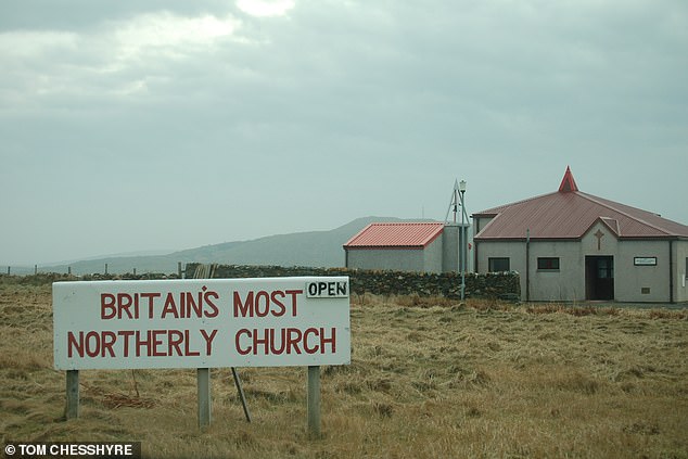 As the sign explains, this is the northernmost church in Britain. The extreme geographic location has been adopted as an unofficial local motto.