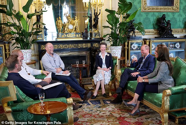 William, Prince of Wales, and Catherine, Princess of Wales, burst into laughter as they attend the recording of a special episode of The Good, The Bad and The Rugby podcast, in the Green Drawing Room at Windsor Castle alongside Mike and his mother-in-law, princess anne