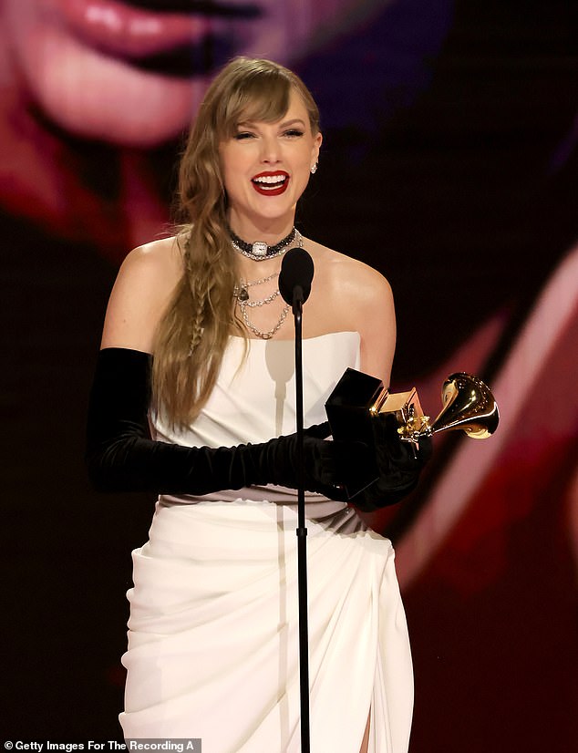 Taylor Swift, 34, used her 13th Grammy win on Sunday to announce a surprise new album coming out April 19.